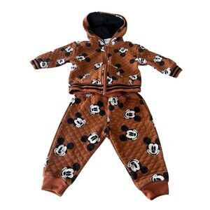 Baby Disney Mickey Mouse Brown Jacket/Pants  3-6 Months Hooded Full Zip Quilted